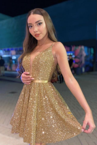 Shiny Sequins V Neck Golden Short Prom Homecoming Dress with Belt, V Neck Gold Formal Graduation Evening Dress A1599