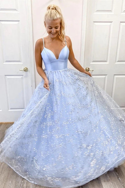 Shiny Sequins V Neck Light Blue Long Prom Dress, V Neck Blue Formal Evening Dress