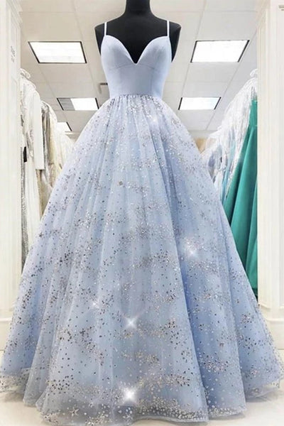 Shiny Sequins V Neck Light Blue Long Prom Dress, V Neck Blue Formal Evening Dress