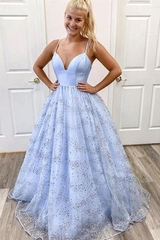 Shiny Sequins V Neck Light Blue Long Prom Dress, V Neck Blue Formal Evening Dress