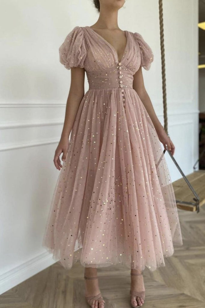 Shiny Sequins V Neck Pink Tea Length Prom Dress, V Neck Pink Homecoming Dress, Pink Formal Evening Dress