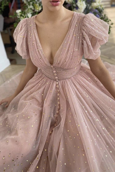 Shiny Sequins V Neck Pink Tea Length Prom Dress, V Neck Pink Homecoming Dress, Pink Formal Evening Dress