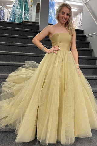 Shiny Strapless Golden Champagne Long Prom Dress, Golden Champagne Formal Evening Dress