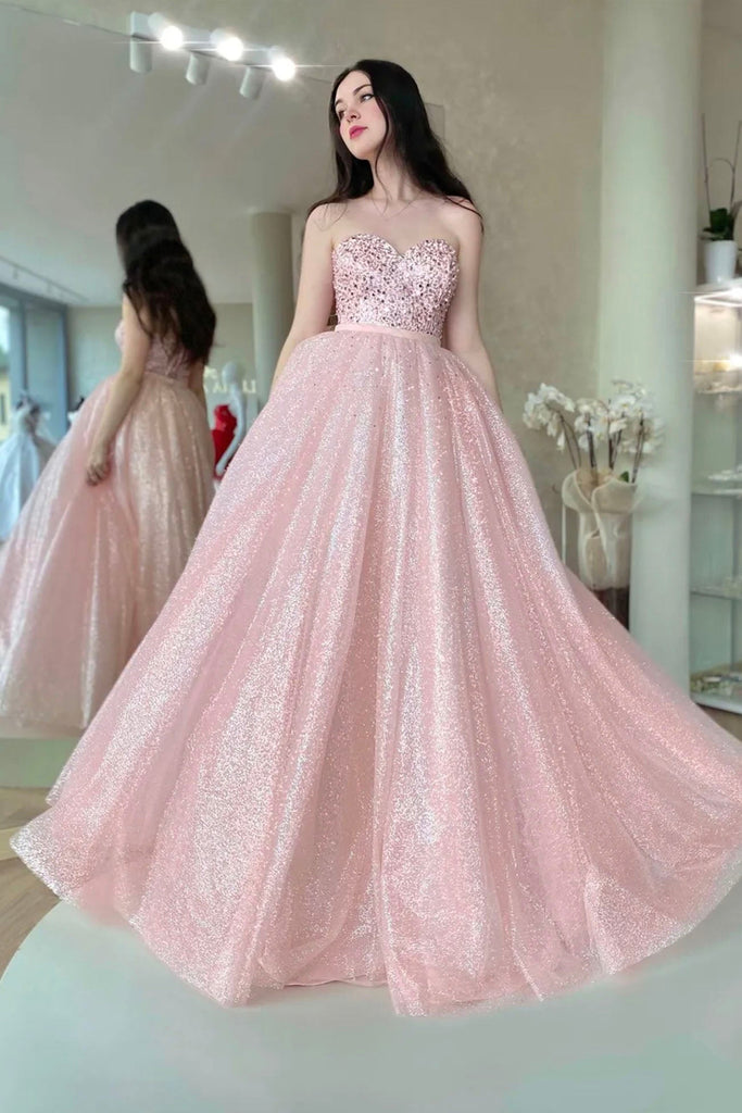 Shiny Sweetheart Neck Strapless Beaded Pink Long Prom Dress, Beaded Pi abcprom Shiny Sweetheart Neck Strapless Beaded Pink Long Prom Dress, Beaded Pi abcprom