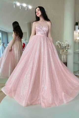 Shiny Sweetheart Neck Strapless Beaded Pink Long Prom Dress, Beaded Pink Formal Evening Dress A1759