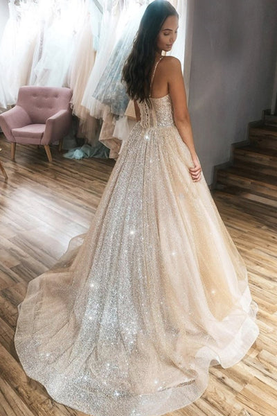 Shiny Thin Straps Champagne Long Prom Gown, Long Champagne Formal Prom Dress, Sparkly Champagne Evening Dress