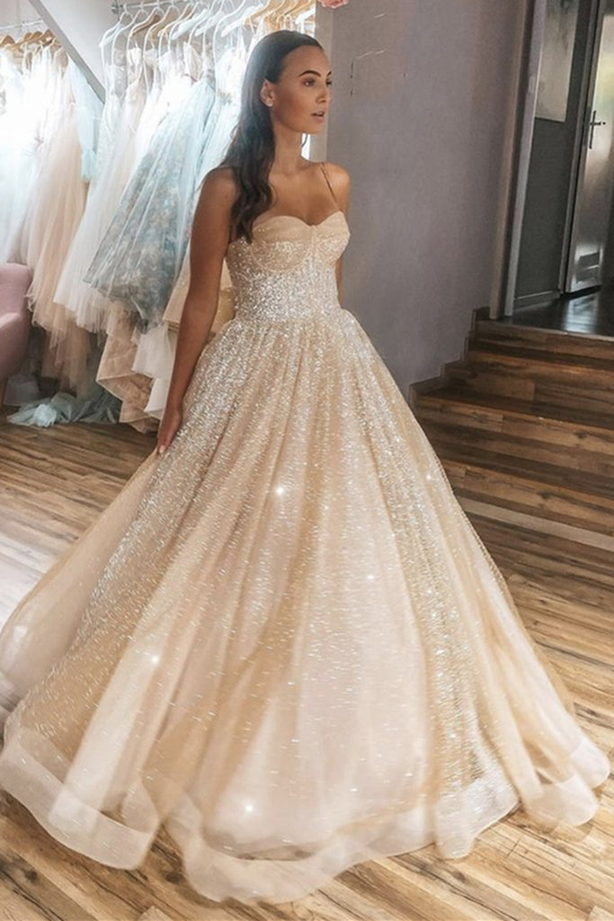 Shiny Thin Straps Champagne Long Prom Gown, Long Champagne Formal Prom Dress, Sparkly Champagne Evening Dress
