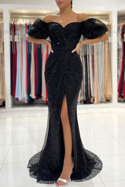 Shiny Tulle Mermaid Off Shoulder Black Long Prom Dress with High Slit ...