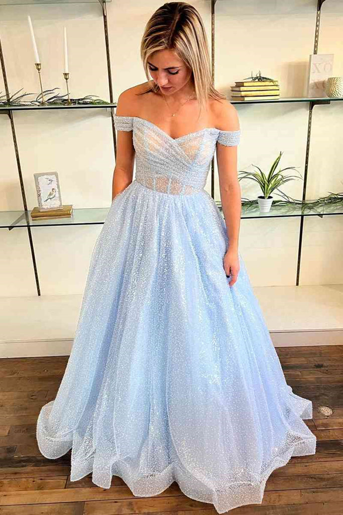 Shiny Tulle Off Shoulder Blue/Pink Long Prom Dress, Blue/Pink Formal G abcprom Shiny Tulle Off Shoulder Blue/Pink Long Prom Dress, Blue/Pink Formal G abcprom