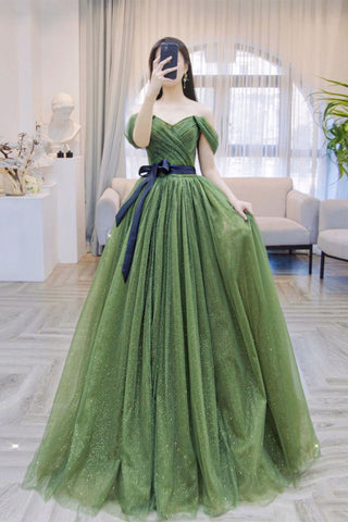 Shiny Tulle Off Shoulder Green Long Prom Dress, Off the Shoulder Formal Dress, Green Evening Dress A1754