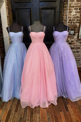 Shiny Tulle Open Back Pink/Lilac/Blue Long Prom Dress, Long Pink/Lilac/Blue Tulle Formal Graduation Evening Dress A1455