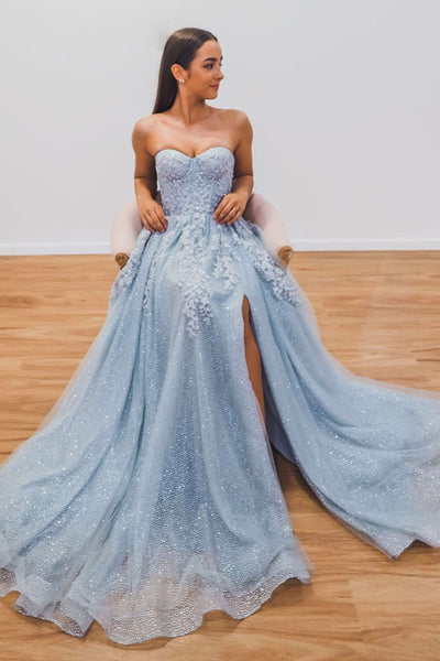 Shiny Tulle Strapless Light Blue Lace Long Prom Dress with High Slit, Light Blue Lace Formal Graduation Evening Dress A1451