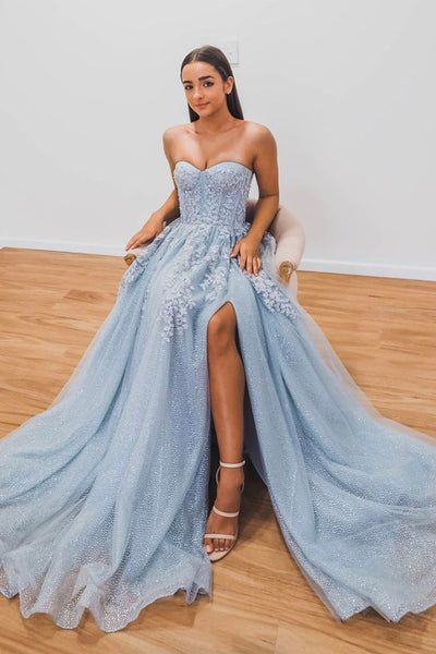 Shiny Tulle Strapless Light Blue Lace Long Prom Dress with High Slit, Light Blue Lace Formal Graduation Evening Dress A1451