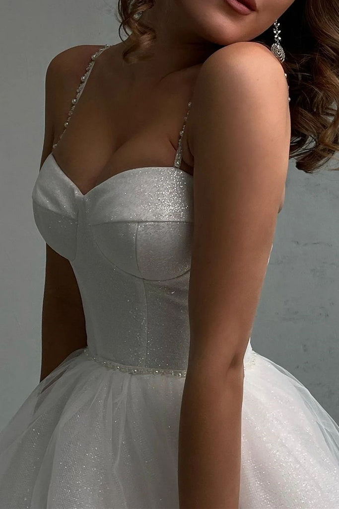 Shiny Tulle Sweetheart Neck White Long Prom Dresses, Long White Formal
