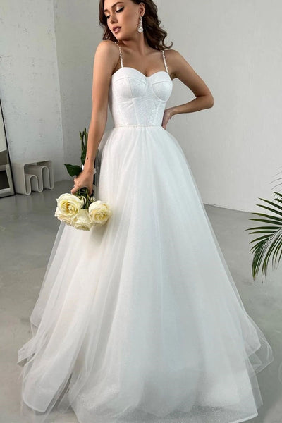 Shiny Tulle Sweetheart Neck White Long Prom Dresses, Long White Formal Graduation Evening Dresses SP1818