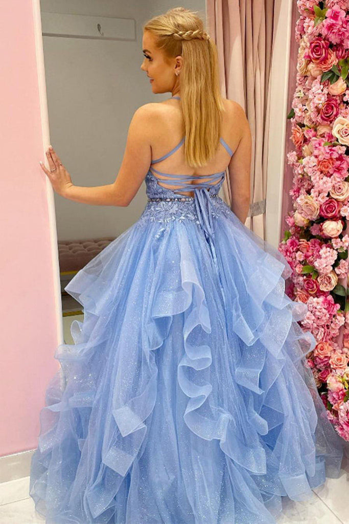 Shiny Tulle V Neck Backless Light Blue Lace Long Prom Dress, Light