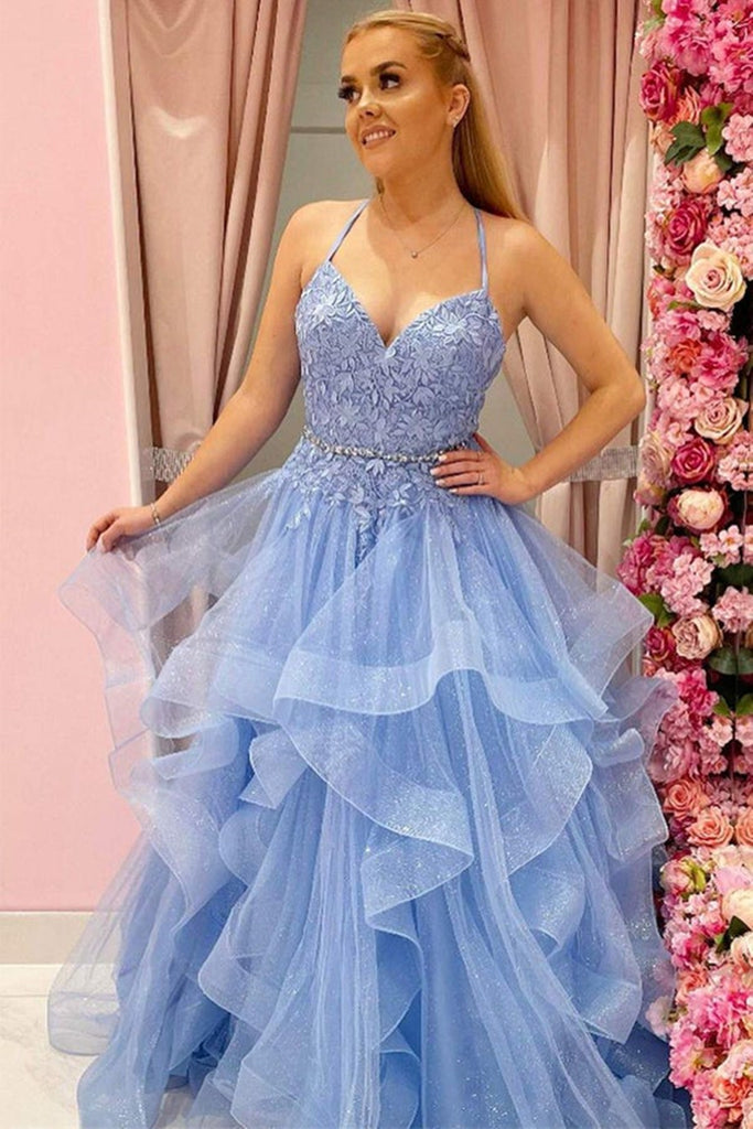 Shiny Tulle V Neck Backless Light Blue Lace Long Prom Dress, Light Blue Lace Formal Dress, Light Blue Evening Dress A1408