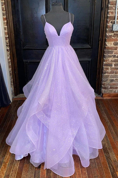 Shiny Tulle V Neck Backless Purple Long Prom Dress, Backless Lavender Formal Graduation Evening Dress A1472