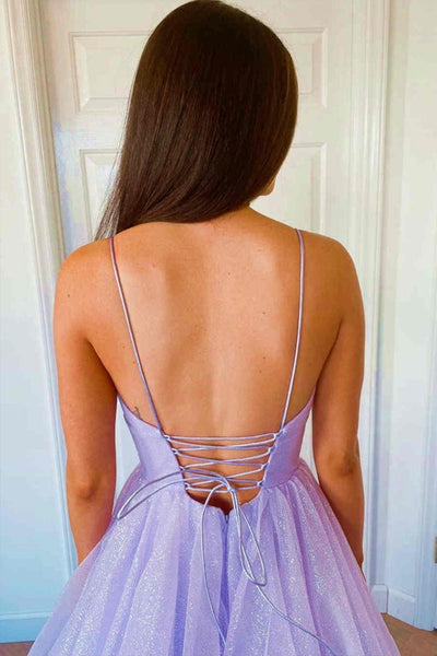 Shiny Tulle V Neck Backless Purple Long Prom Dress, Backless Lavender Formal Graduation Evening Dress A1472