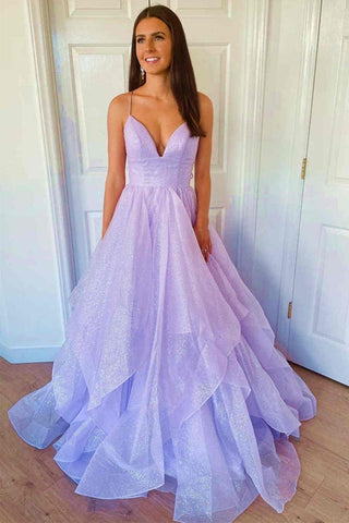 Shiny Tulle V Neck Backless Purple Long Prom Dress, Backless Lavender Formal Graduation Evening Dress A1472