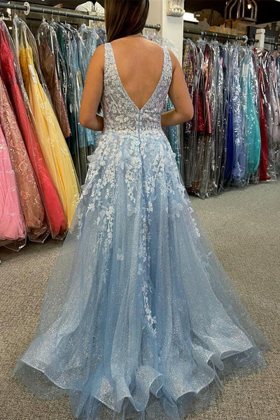 Shiny Tulle V Neck Blue/Champagne Lace Floral Long Prom Dress, Open Back Blue/Champagne Lace Formal Graduation Evening Dress with 3D Flowers A1482