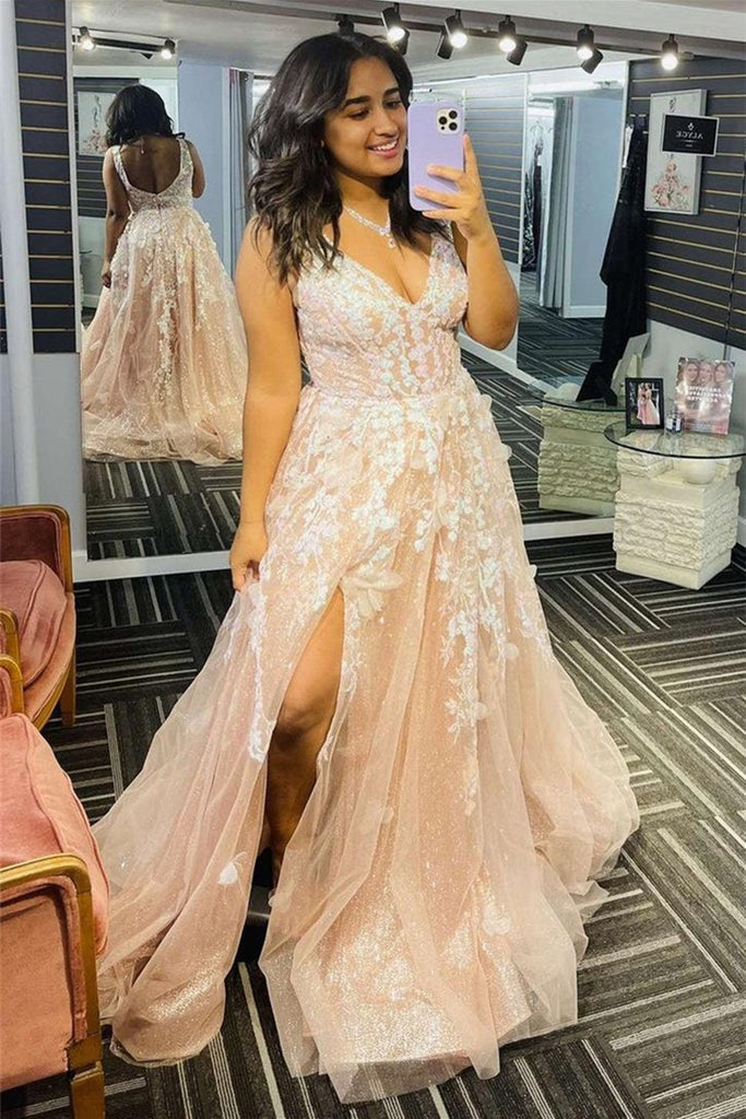 Shiny Tulle V Neck Blue/Champagne Lace Floral Long Prom Dress, Open Ba abcprom Shiny Tulle V Neck Blue/Champagne Lace Floral Long Prom Dress, Open Ba abcprom