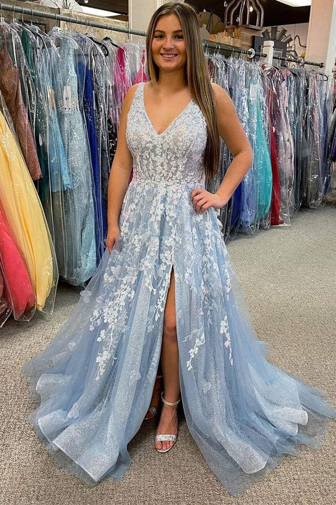 Shiny Tulle V Neck Blue/Champagne Lace Floral Long Prom Dress, Open Ba abcprom Shiny Tulle V Neck Blue/Champagne Lace Floral Long Prom Dress, Open Ba abcprom