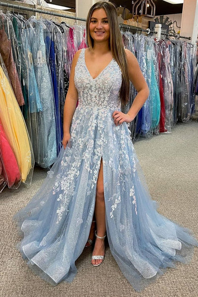 Shiny Tulle V Neck Blue/Champagne Lace Floral Long Prom Dress, Open Back Blue/Champagne Lace Formal Graduation Evening Dress with 3D Flowers A1482