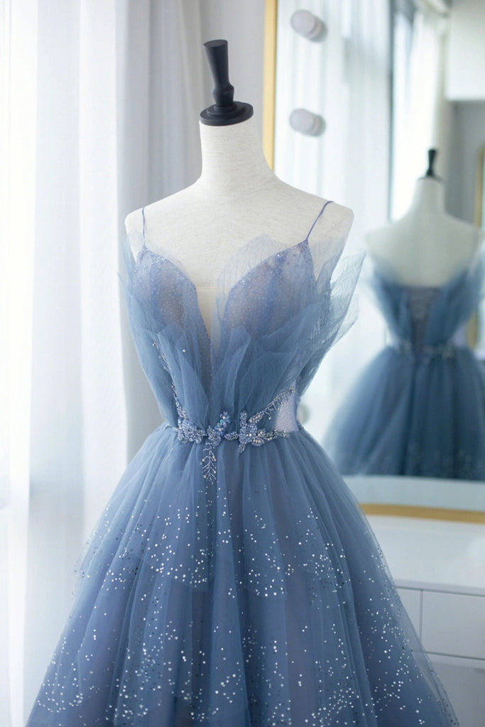 V Neck Shiny Sequins Blue Tulle Tea Length Prom Dress, Blue Tulle  Homecoming Dress, Short Blue Formal Evening Dress A1670