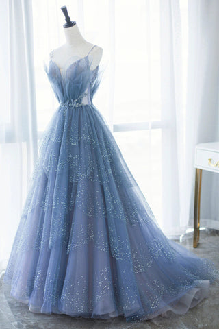 Shiny Tulle V Neck Blue Long Prom Dress, Blue Tulle Formal Evening Dress, Blue Ball Gown A1757