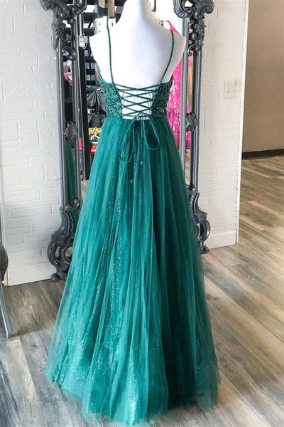Shiny V Neck Backless Beaded Green Tulle Long Prom Dress, Green Lace Formal Dress, Beaded Evening Dress A1461
