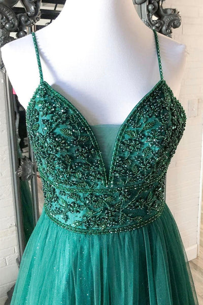 Shiny V Neck Backless Beaded Green Tulle Long Prom Dress, Green Lace Formal Dress, Beaded Evening Dress A1461