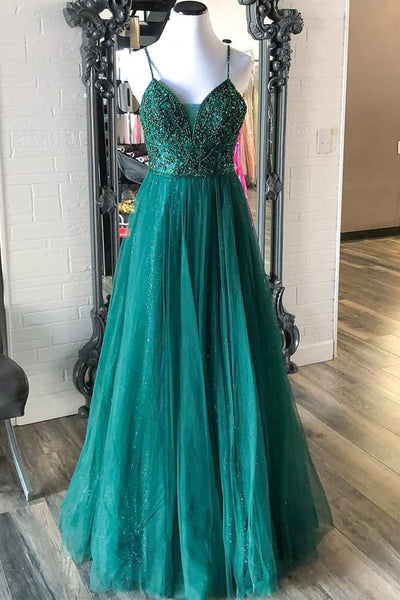 Shiny V Neck Backless Beaded Green Tulle Long Prom Dress, Green Lace Formal Dress, Beaded Evening Dress A1461