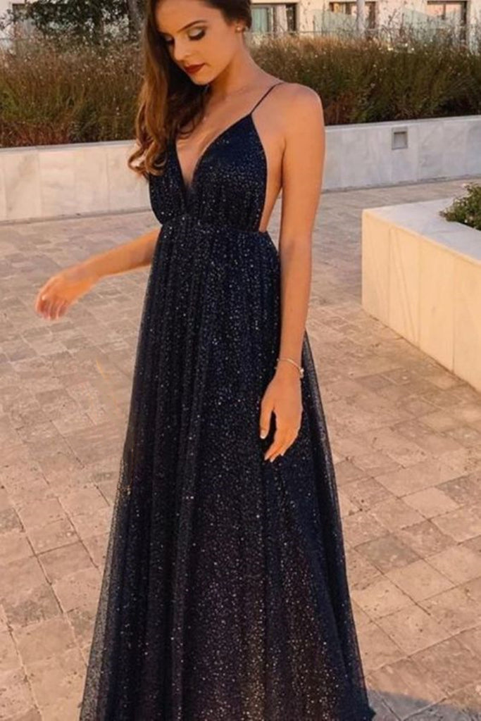 Shiny V Neck Backless Black Long Prom Dress, Backless Black Formal Dre abcprom Shiny V Neck Backless Black Long Prom Dress, Backless Black Formal Dre abcprom