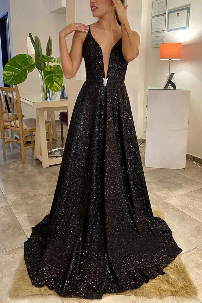 Shiny V Neck Backless Black Long Prom Dress, V Neck Black Formal Dress, Sparkly Black Evening Dress A1333