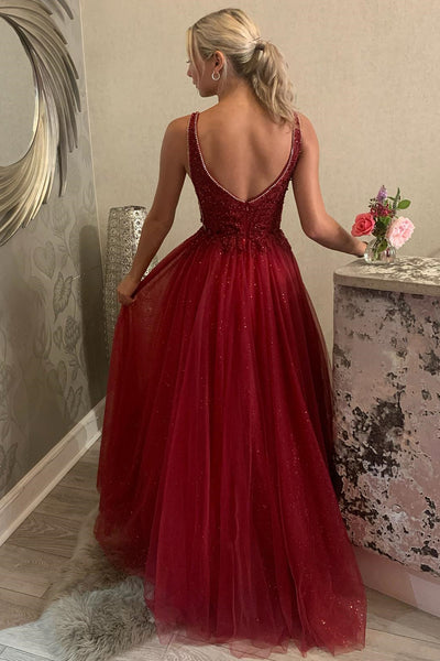 Shiny V Neck Backless Burgundy Lace Long Prom Dress, Long Burgundy Lace Formal Dress, Burgundy Evening Dress