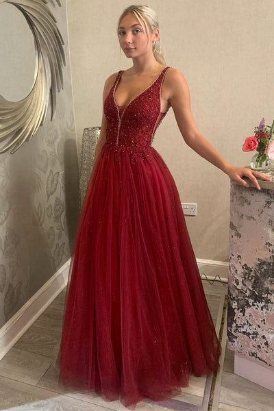 Shiny V Neck Backless Burgundy Lace Long Prom Dress, Long Burgundy Lace Formal Dress, Burgundy Evening Dress