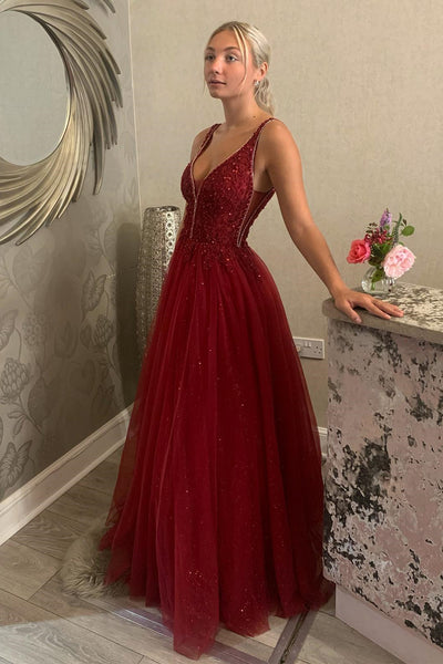 Shiny V Neck Backless Burgundy Lace Long Prom Dress, Long Burgundy Lace Formal Dress, Burgundy Evening Dress