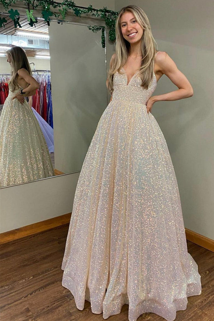 Shiny V Neck Backless Champagne Long Prom Dress, Long Champagne Formal abcprom Shiny V Neck Backless Champagne Long Prom Dress, Long Champagne Formal abcprom