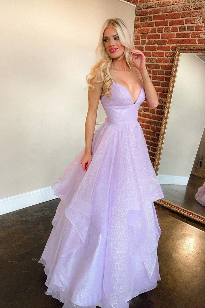 purple fluffy dress Shiny V Neck Backless Fluffy Purple Long Prom Dress, Backless Purple F – abcprom