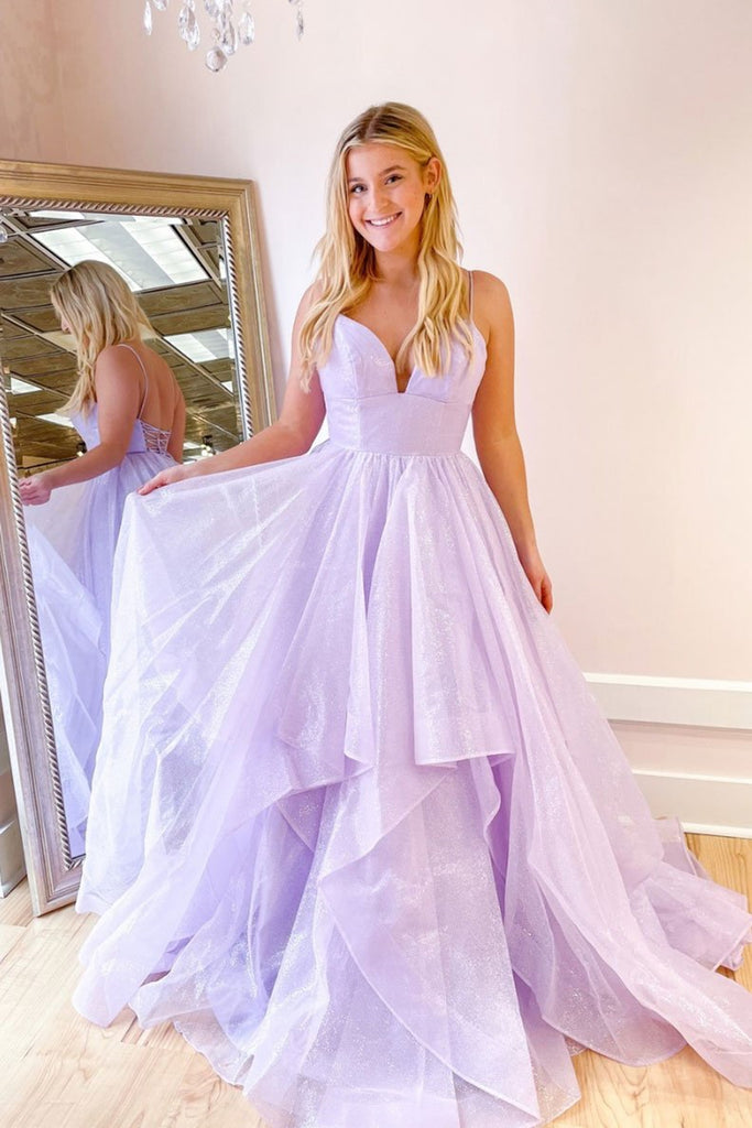 Shiny V Neck Backless Fluffy Purple Long Prom Dress, Backless Purple Formal Dress, Purple Evening Dress