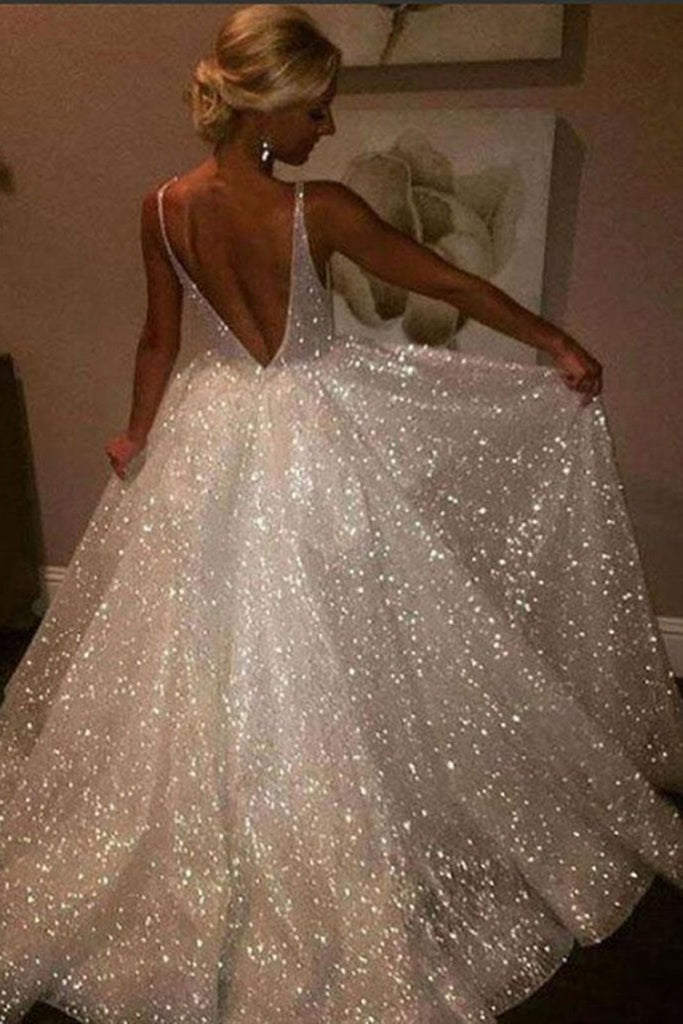 Shiny V Neck Backless Ivory Lace Wedding Dress, Ivory V Neck Lace Prom Formal Evening Dress