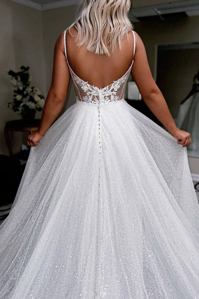 Shiny V Neck Backless Ivory Long Prom Dress, White Backless Formal Eve –  abcprom