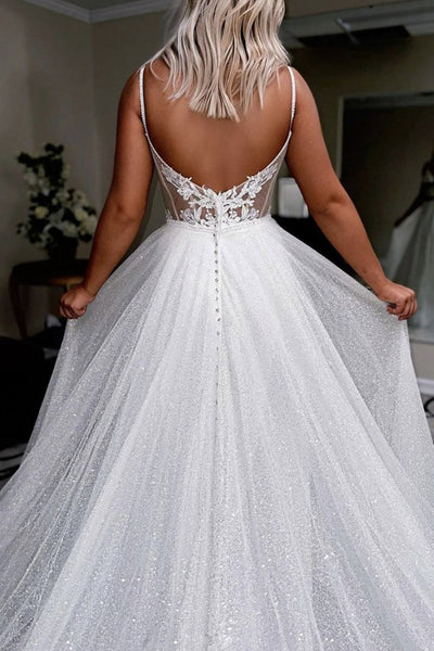 Shiny V Neck Backless Ivory Long Prom Dress, White Backless Formal Evening Dress, Ivory Ball Gown A1317