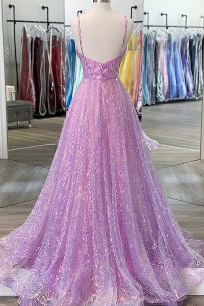 Shiny V Neck Backless Long Purple Prom Dress, Backless Lilac Formal Graduation Evening Dress