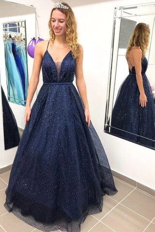 Shiny V Neck Backless Navy Blue Long Prom Dress, V Neck Navy Blue Formal Dress, Navy Blue Evening Dress