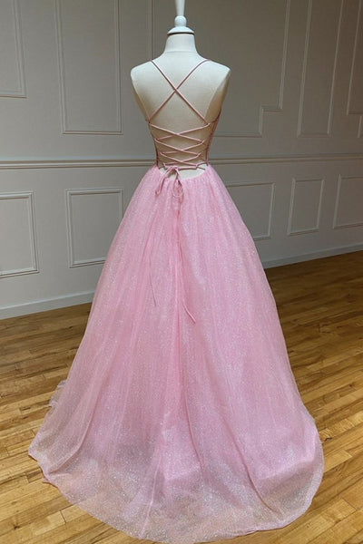 Shiny V Neck Backless Pink Long Prom Dress, Backless Pink Formal Graduation Evening Dress A1312