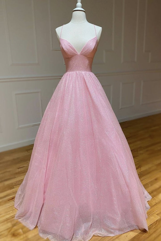 Shiny V Neck Backless Pink Long Prom Dress, Backless Pink Formal Graduation Evening Dress A1312
