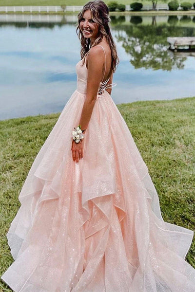 Shiny V Neck Backless Pink Tulle Long Prom Dress, Backless Pink Formal Dress, Pink Tulle Evening Dress A1463