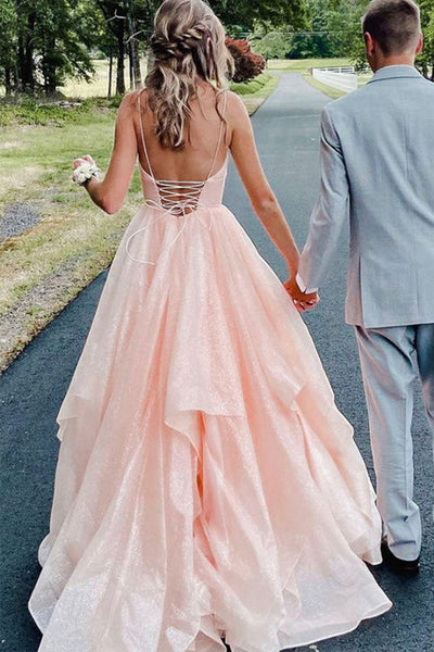 Shiny V Neck Backless Pink Tulle Long Prom Dress, Backless Pink Formal Dress, Pink Tulle Evening Dress A1463